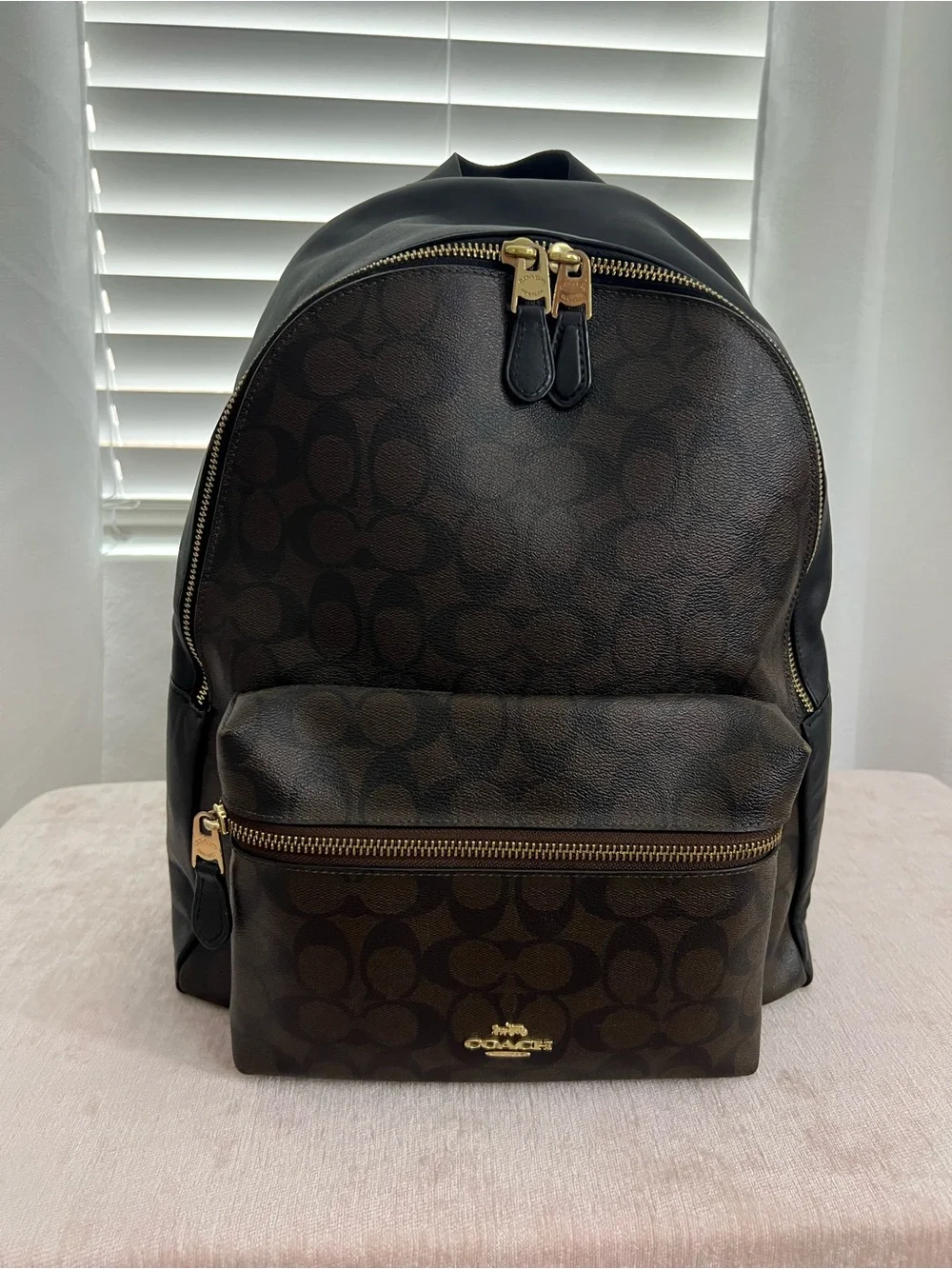 Coach Dark Brown Signature Canvas & Black Trim Backpack with Gold Hardware